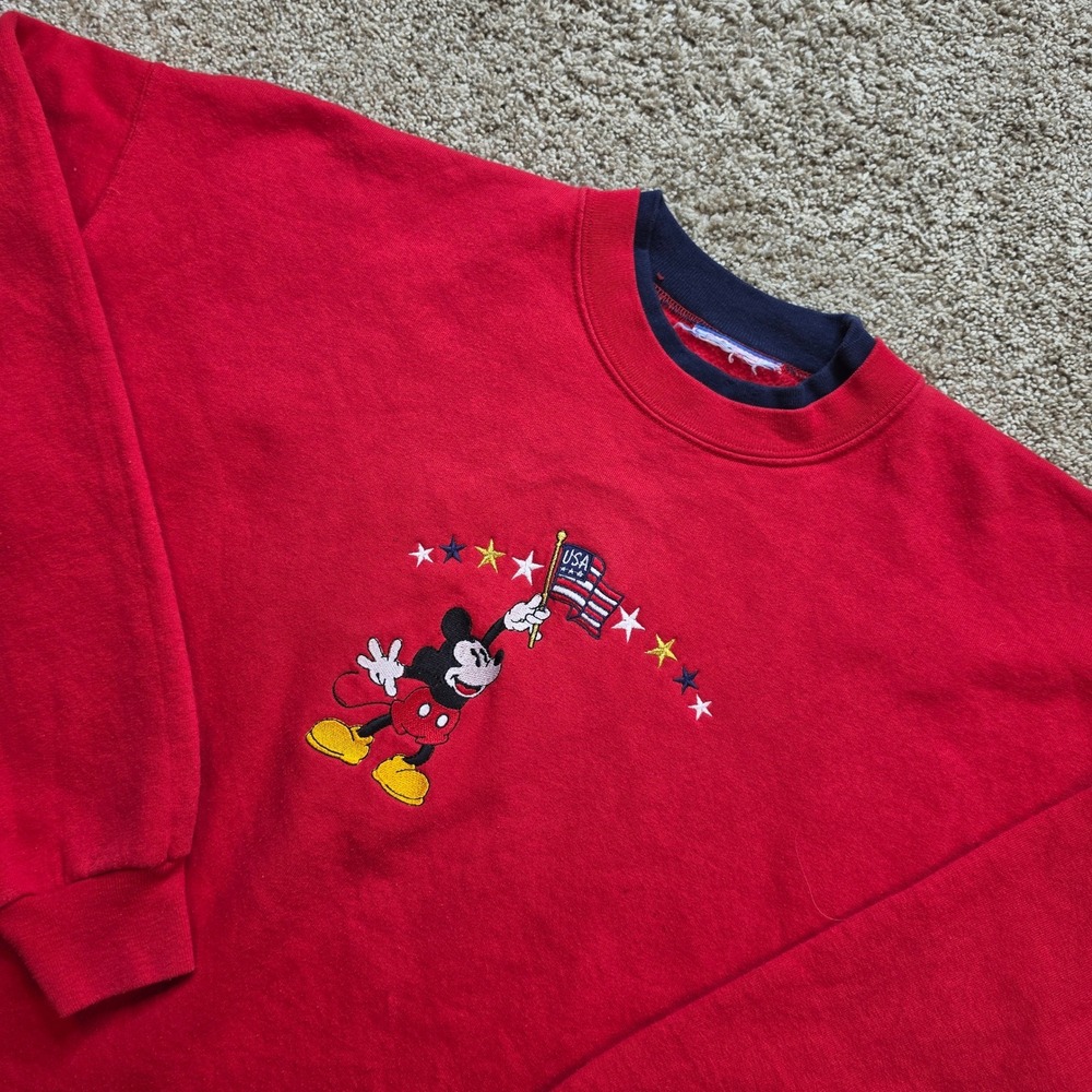 Disney Mickey Mouse Sweatshirt Women XL Red USA Flag Embroidered Raw Hem Cropped